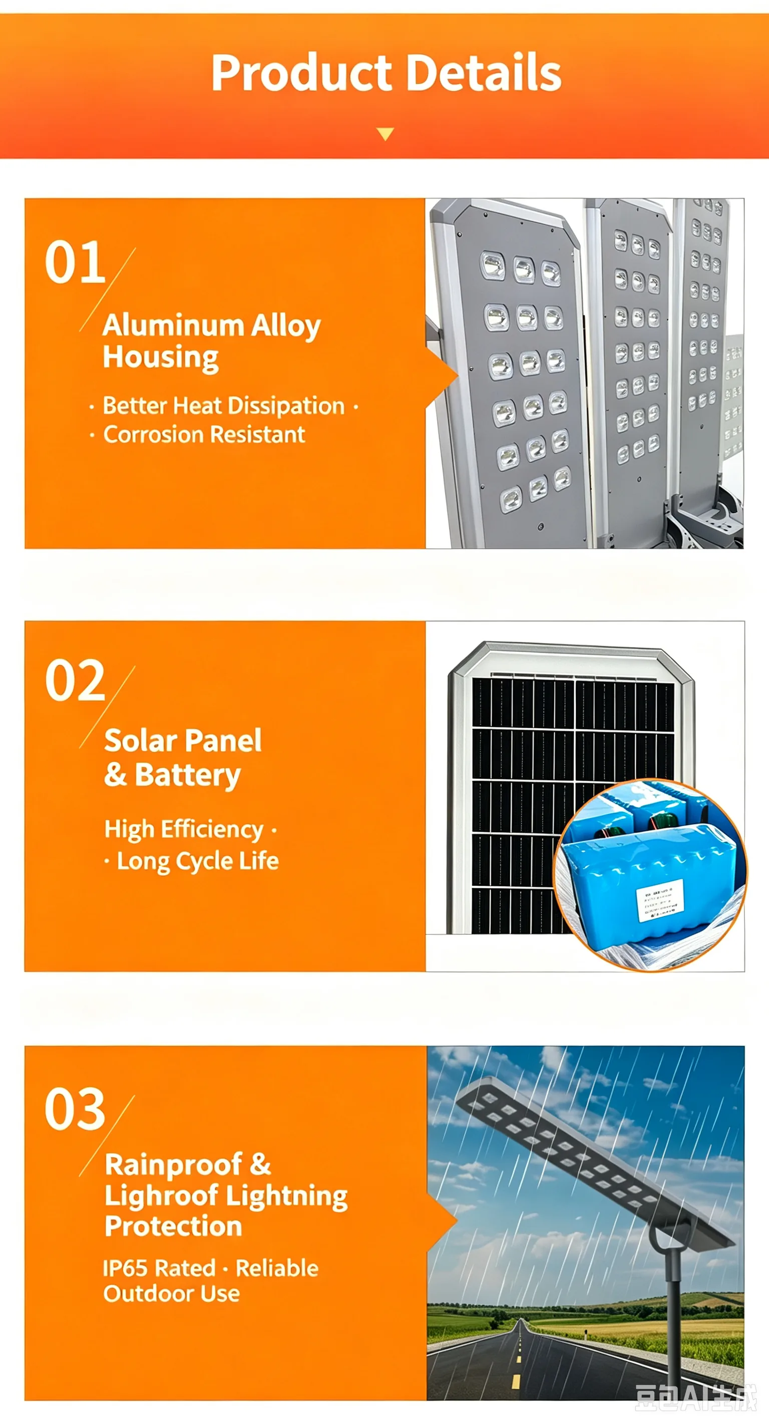Integrated solar street light component construction details