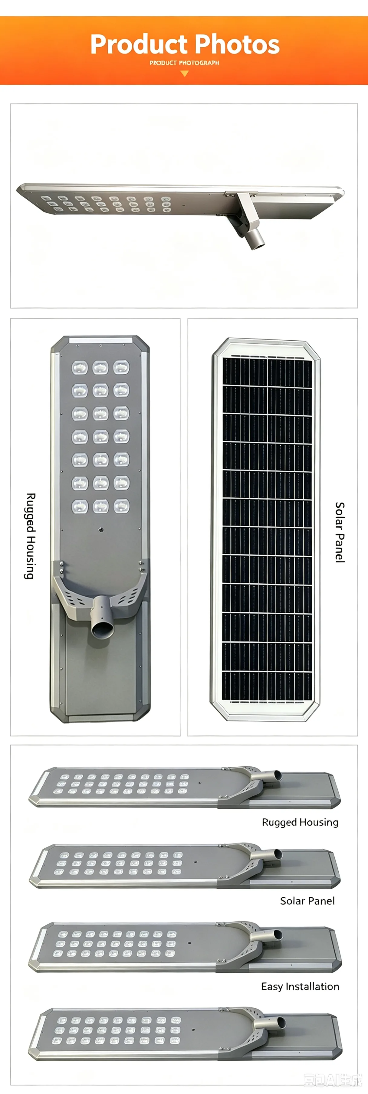 Integrated solar street light product photos - rugged housing, solar panel, easy installation