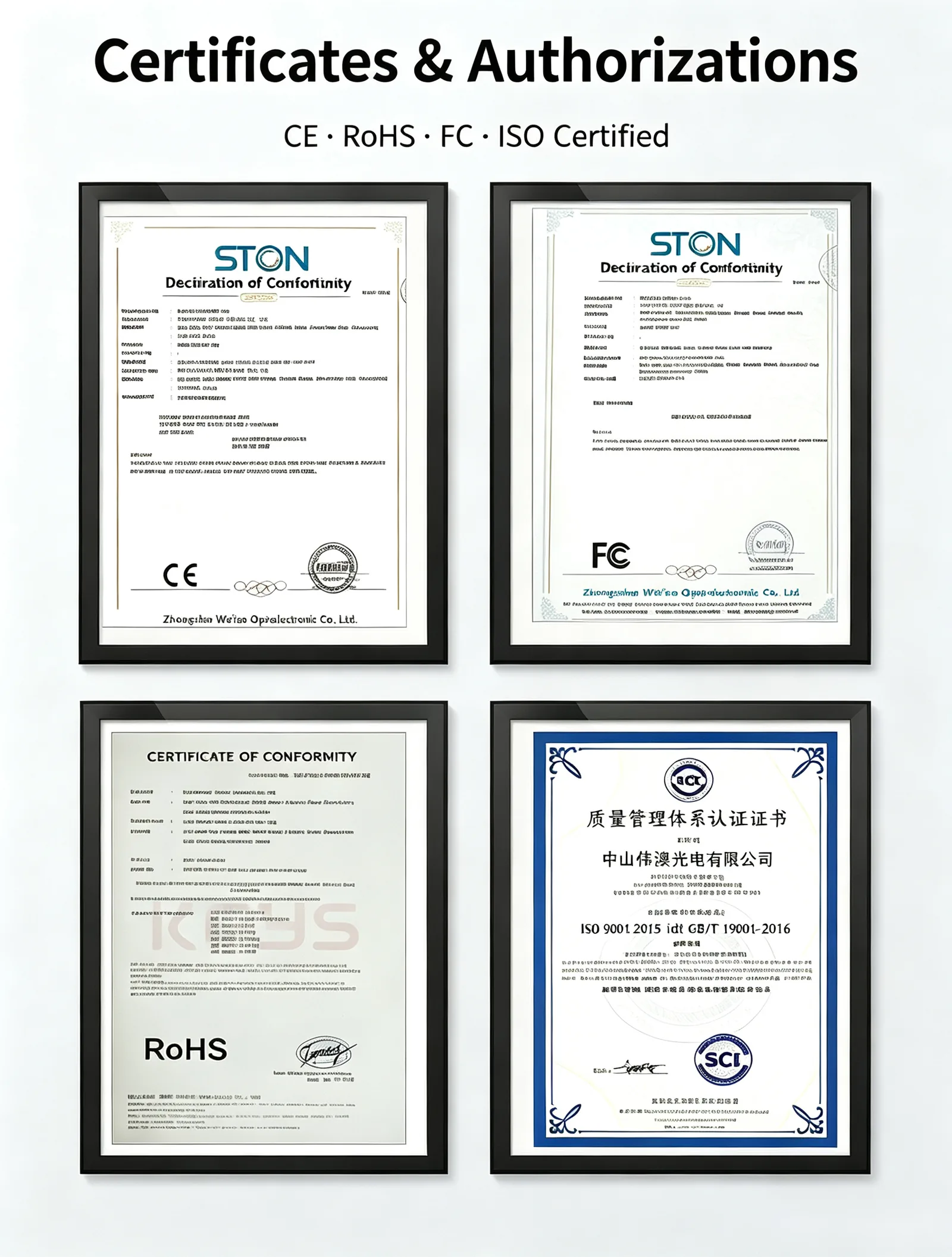 CE, RoHS, FCC and ISO certificates and authorizations