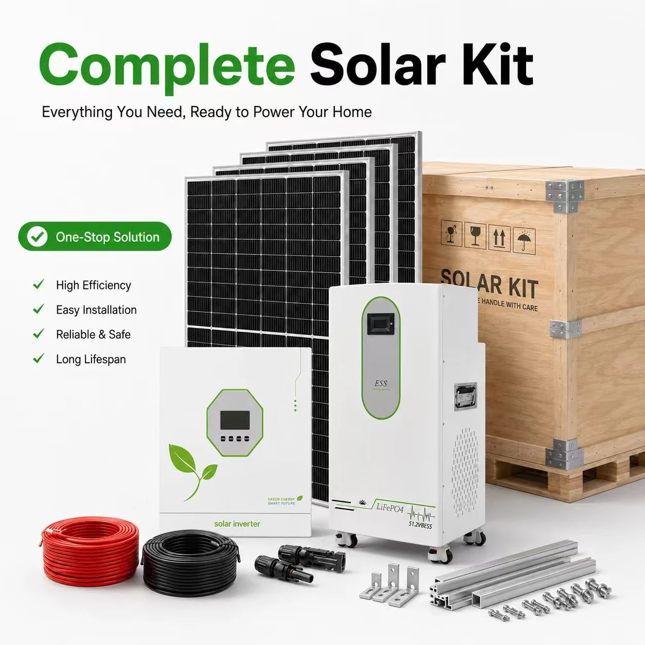 Complete solar kit with panels, inverter, LiFePO4 battery and installation accessories