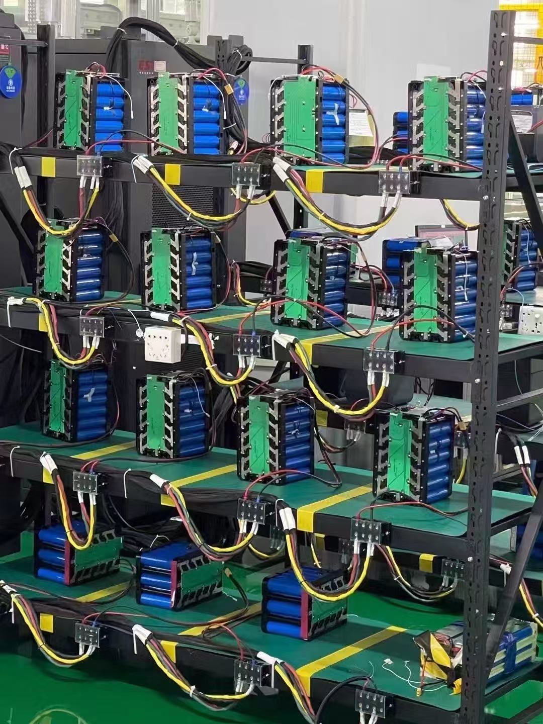 Battery pack assembly racks with 18650 cells at WILSOLAR's 28,000 m2 factory in Zhongshan, Guangdong