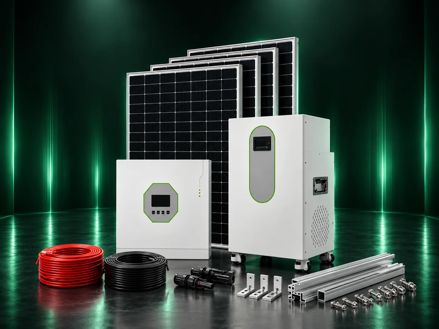 Complete solar kit with panels, inverter, LiFePO4 battery and installation accessories